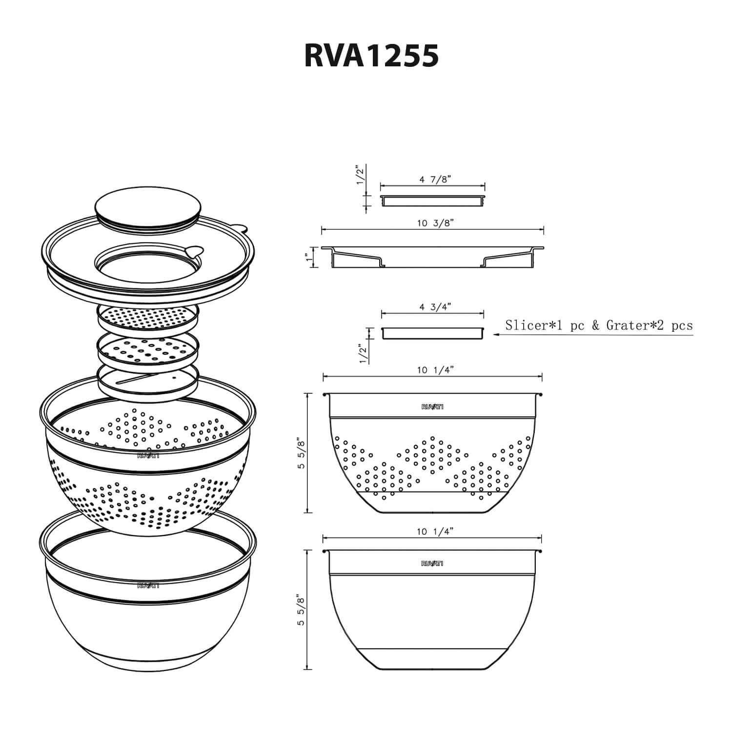 Dimensions Image for Ruvati 5 quart mixing bowl and colander set with grater attachments (6 piece set), RVA1255