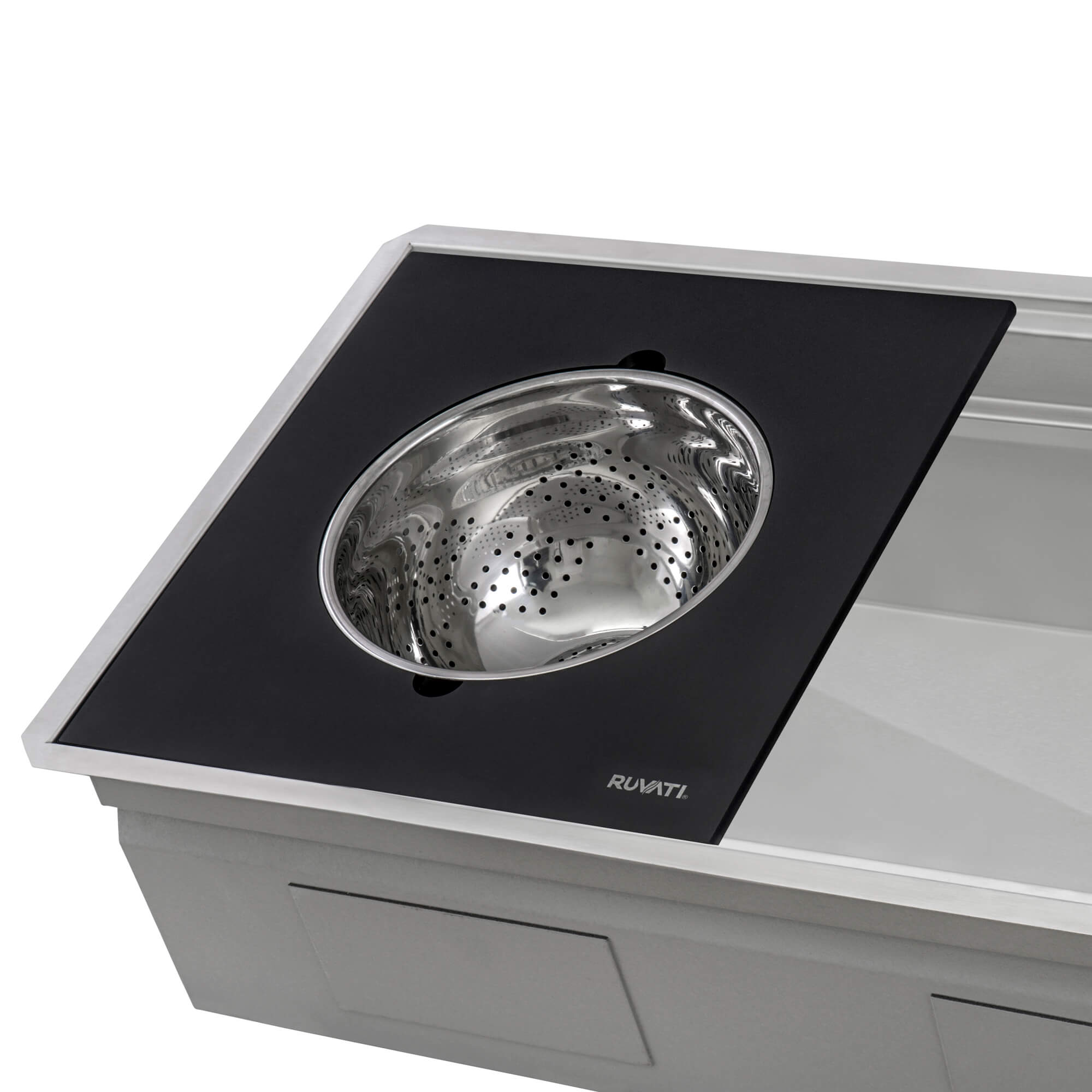 Alternate Image for Ruvati LedgeFit Mixing Bowl and Colander with Black Composite Platform (complete set) for Workstation Sinks, Solid Composite / Stainless Steel, Matte Black, RVA1288BWC