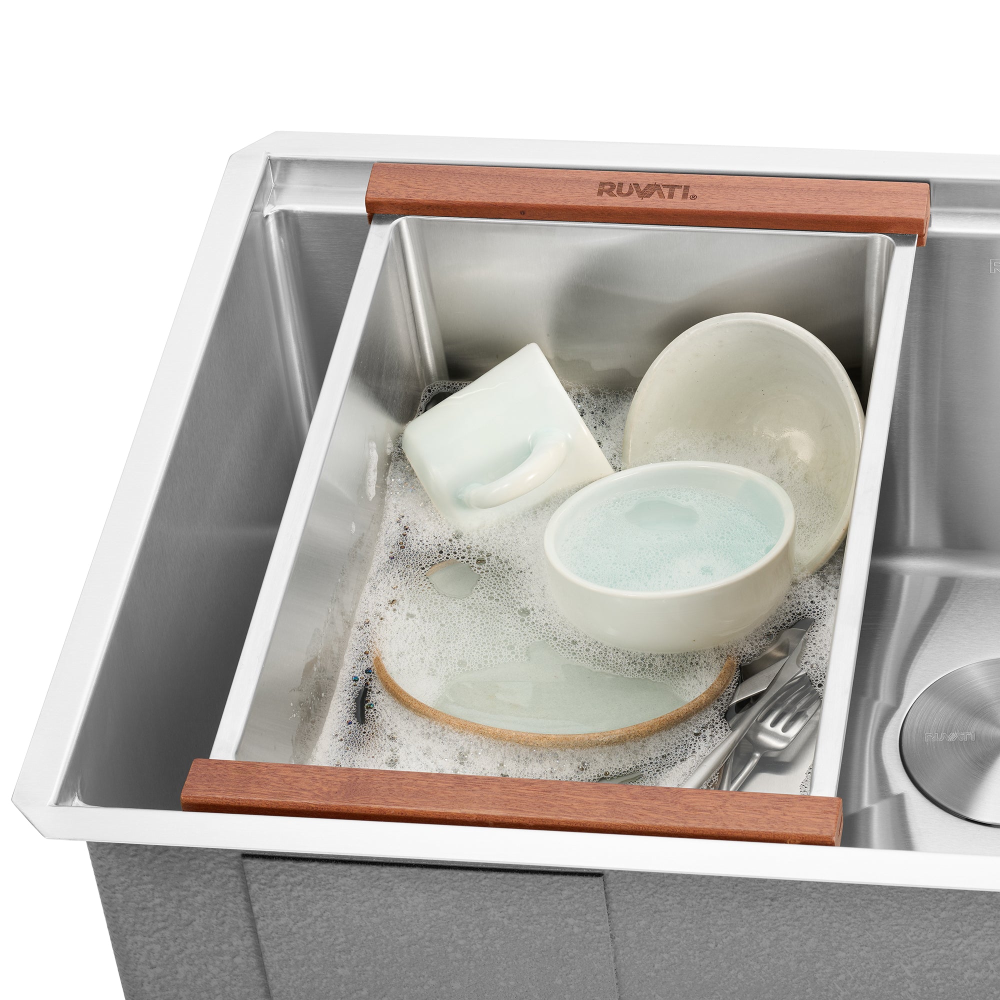 Ruvati LedgeFit Dish Soaking Tub Add-on Bowl Hanging Workstation Sink Accessory, Stainless Steel / Wood, RVA1320 Product Image