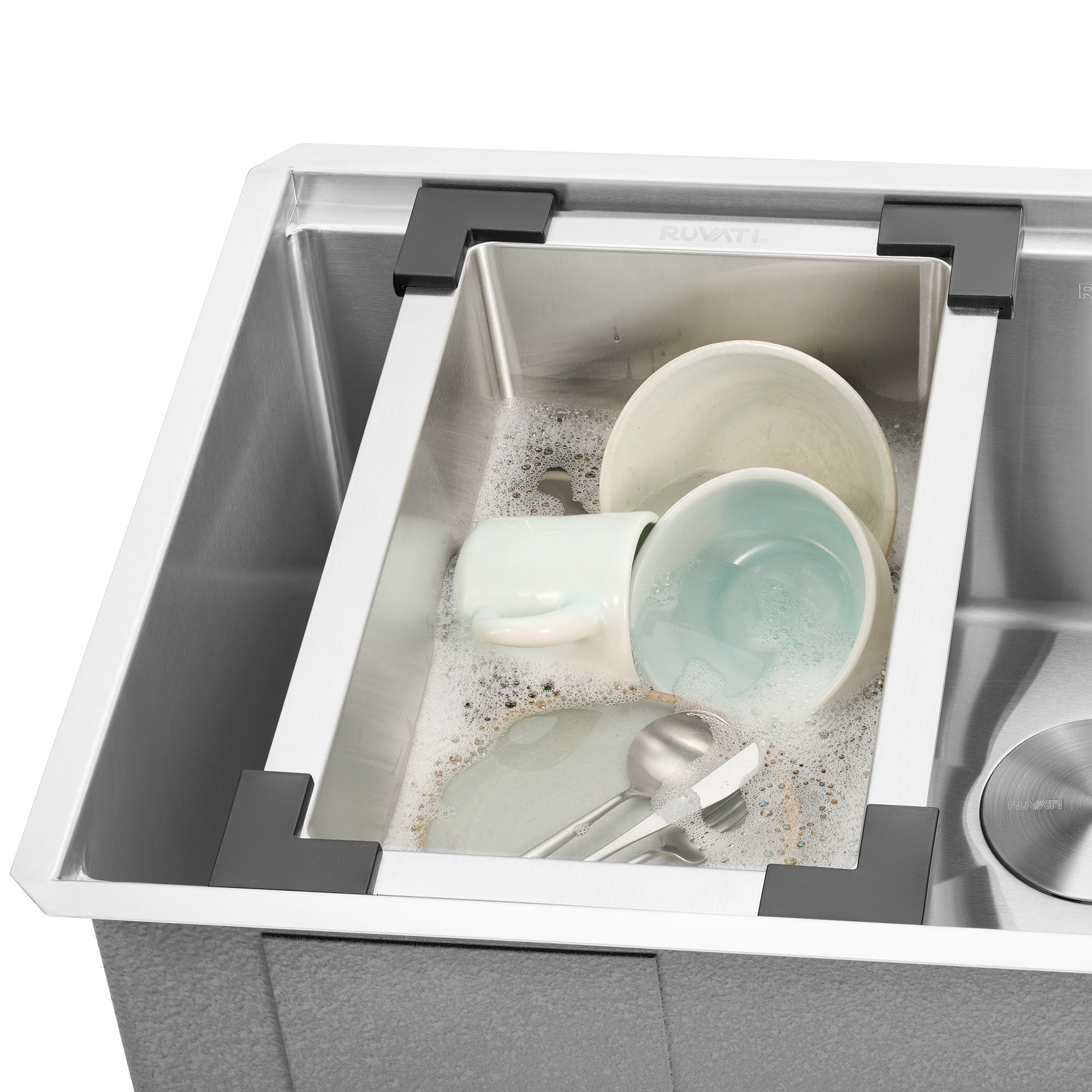 Ruvati LedgeFit Dish Soaking Tub Add-on Bowl Hanging Workstation Sink Accessory in Black Composite, Stainless Steel / Solid Composite, RVA1320BWC Product Image