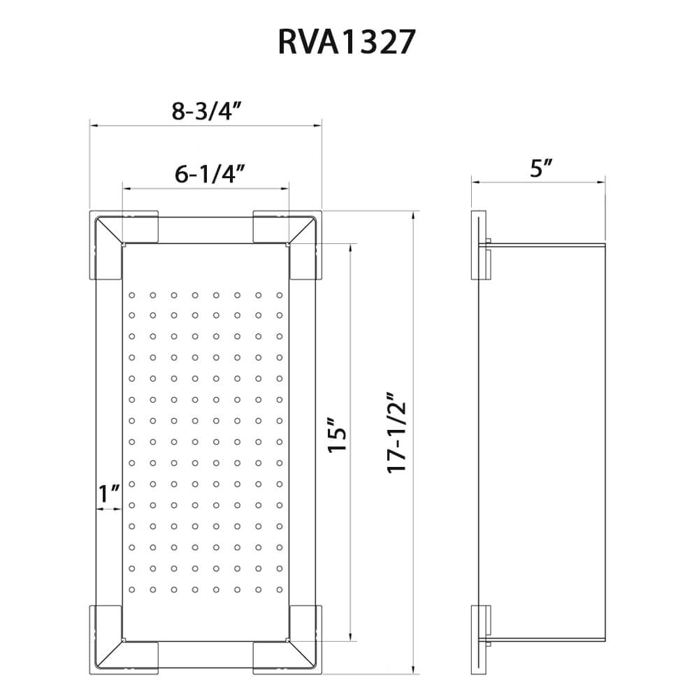 Dimensions Image for Ruvati Workstation Sink Replacement Colander 17 inch Stainless Steel with Plastic Corners, RVA1327