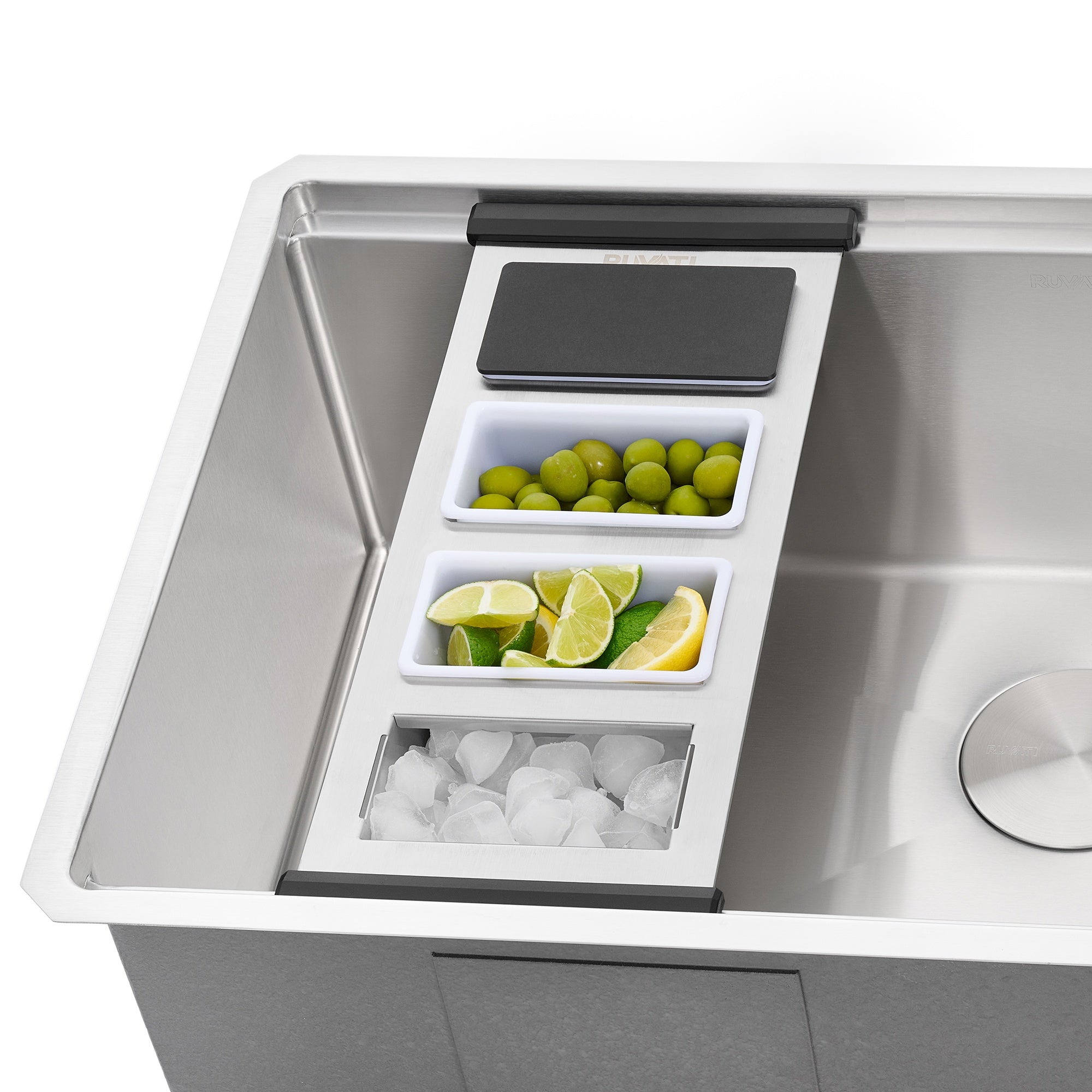 Ruvati LedgeFit Ice Chilled Condiment Tray Cocktail Bartender Bowl with Black Composite Covers Workstation Sink Accessory- Stainless Steel / Solid Composite / Plastic, RVA1378BWC Product Image