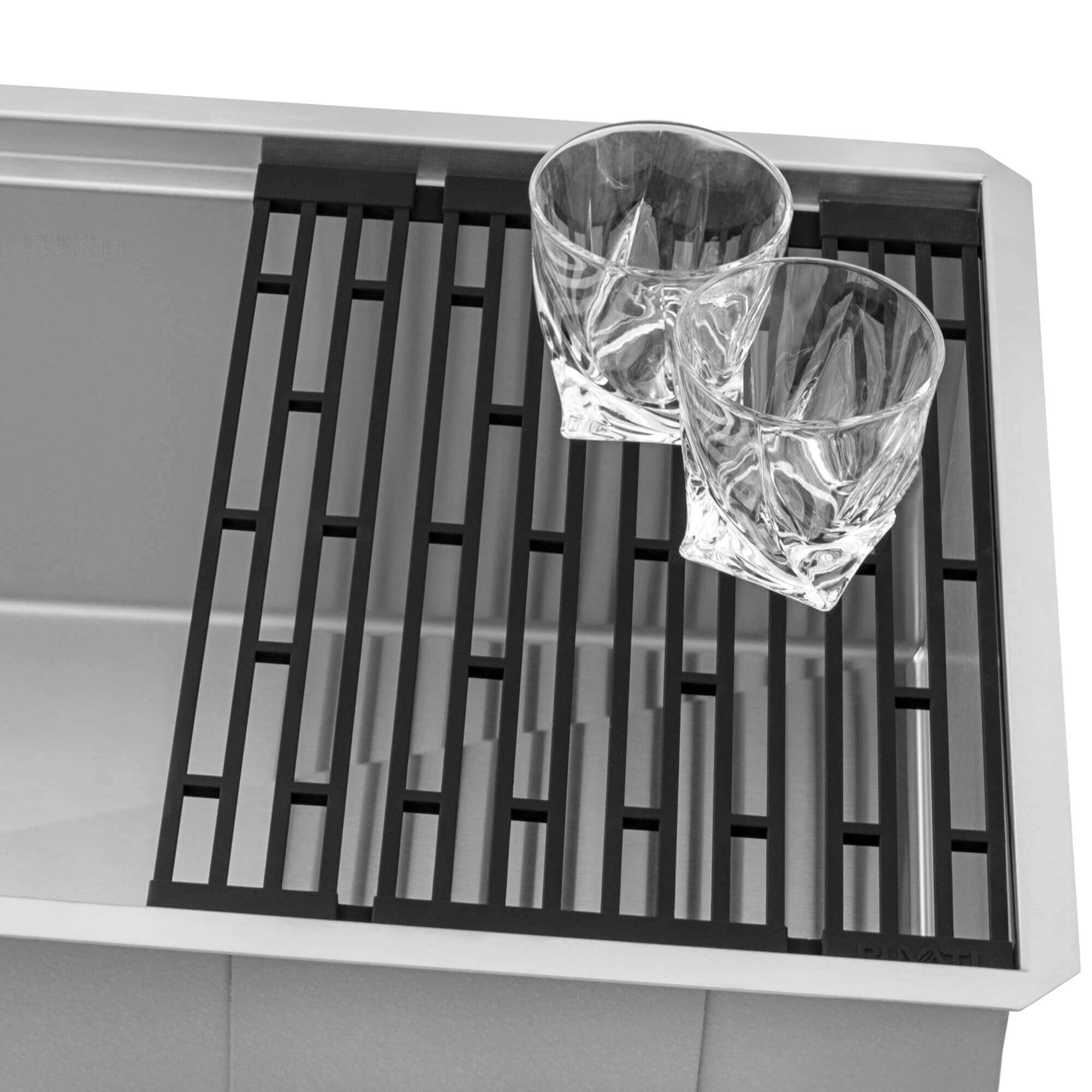 Alternative View of Ruvati LedgeFit Black Silicone Foldable Drying Rack for Workstation Sinks Trivet Window Pane Design, Stainless Steel / Silicone, Matte Black, RVA1397