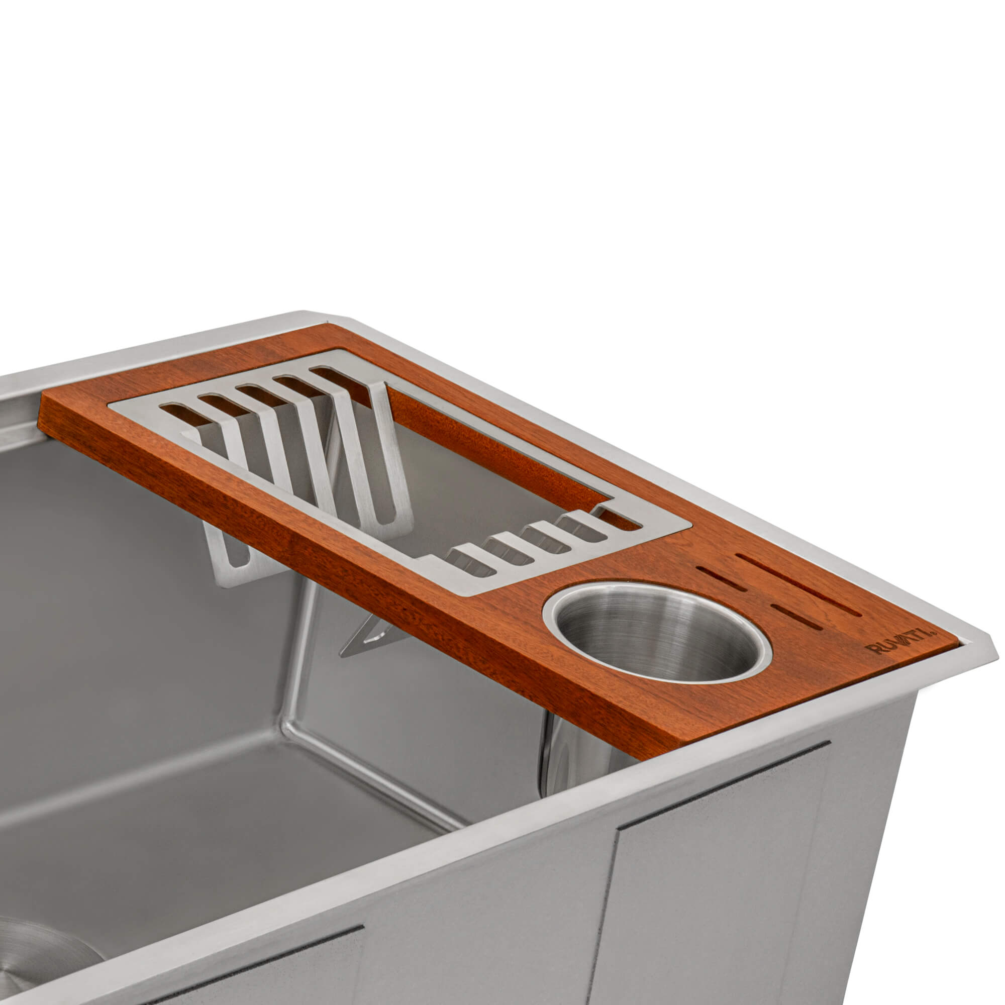Alternative View of Ruvati LedgeFit Wood Dish Plate and Silverware Caddy Drying Rack for Workstation Sinks, Wood / Stainless Steel, RVA1542