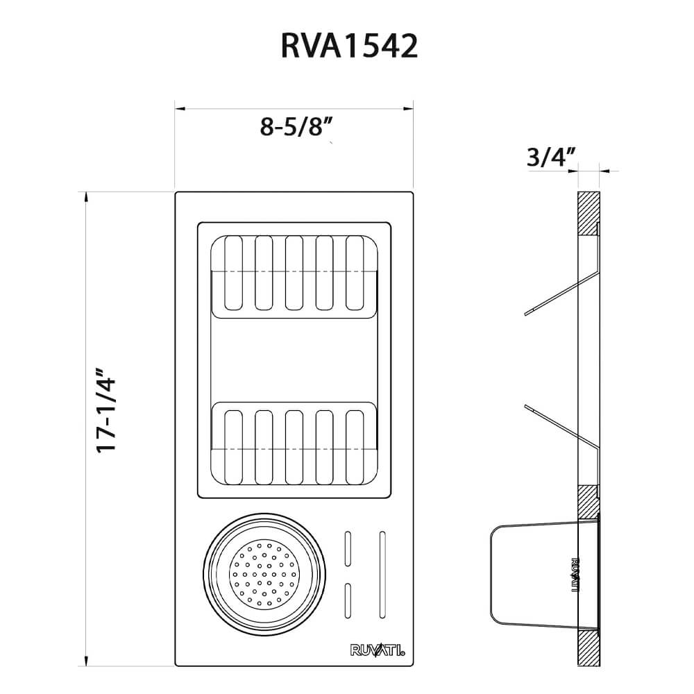 Dimensions Image for Ruvati LedgeFit Wood Dish Plate and Silverware Caddy Drying Rack for Workstation Sinks, Wood / Stainless Steel, RVA1542