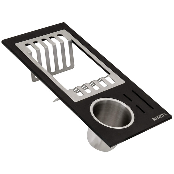 Ruvati LedgeFit Black Composite Dish Plate and Silverware Caddy Drying Rack for Workstation Sinks, Solid Composite / Stainless Steel, Matte Black, RVA1542BWC