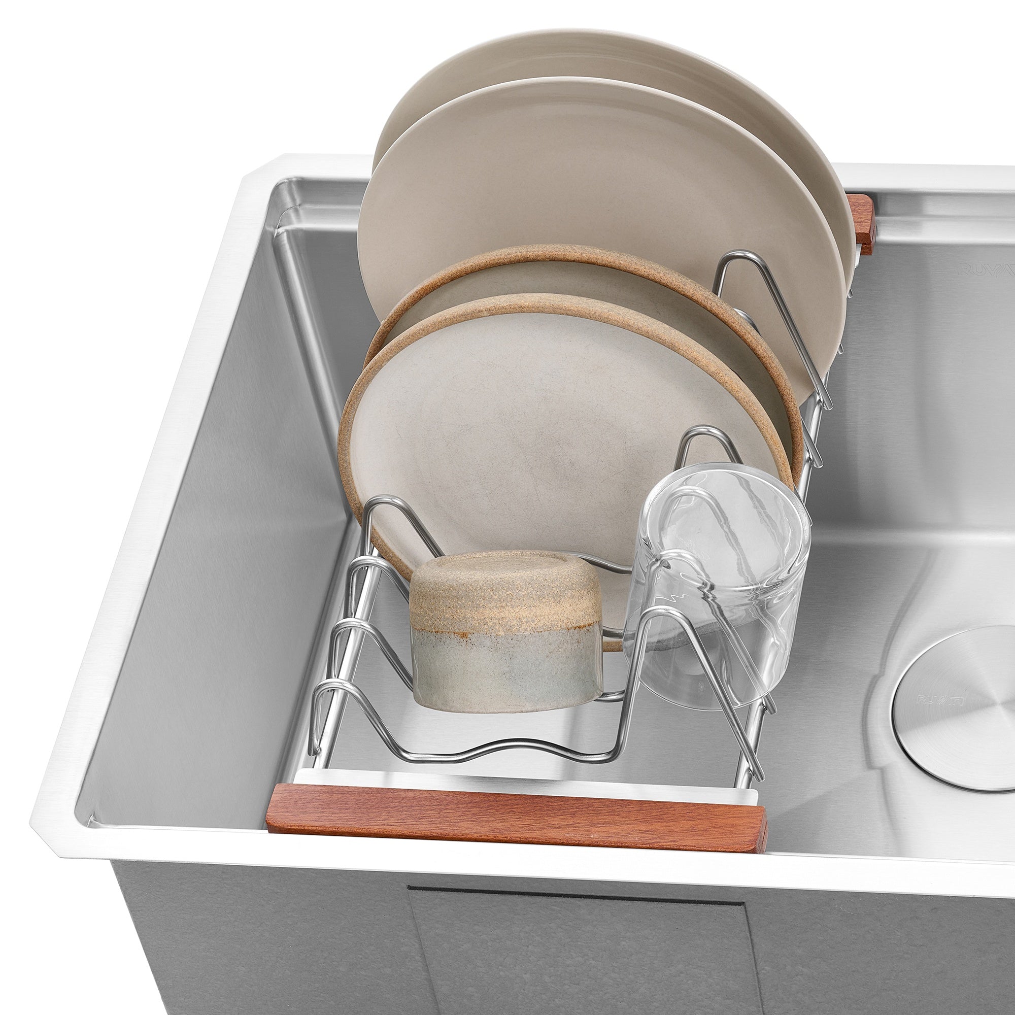 Ruvati LedgeFit Dish Drying Rack Drainer Plate Cup Holder Workstation Sink Top Sliding Accessory Stainless Steel, Stainless Steel / Wood, RVA1545 Product Image