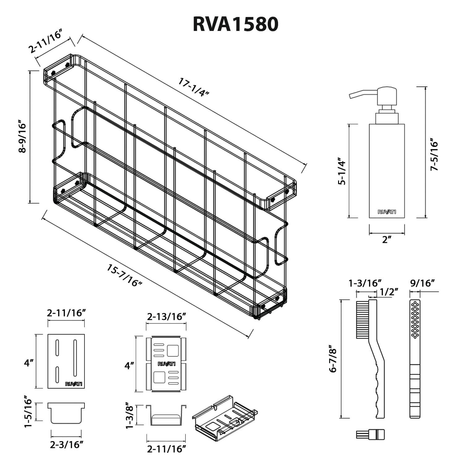 Dimensions Image for Ruvati Multi-function Workstation Organizer and Caddy with Soap Dispenser and Knife Block, RVA1580