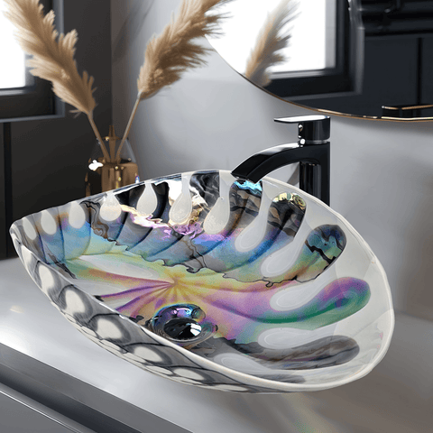 Main Image of Ruvati 19 inch Murano Glass Art Vessel Seashell Decorative Pattern Bathroom Sink, Spira Luxe Pearl White, RVB3031