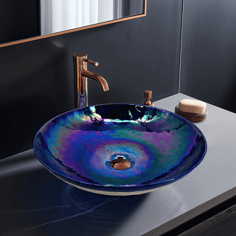 Main Image of Ruvati 16 inch Murano Glass Art Vessel Circle Decorative Pattern Bathroom Sink, Celestial Blue, RVB3044