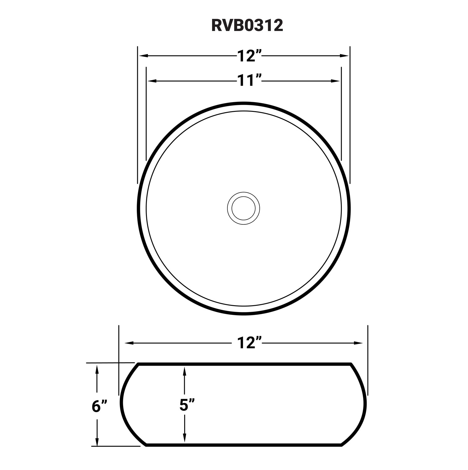 Dimensions Image for Ruvati Vista 12" Round Vessel Porcelain Above Counter Bathroom Sink, White, RVB0312