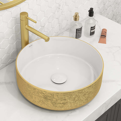 Main Image of Ruvati Pietra 14" Decorative Rectangle Vessel Porcelain Above Vanity Counter Bathroom Sink, Gold / White, RVB0314WG