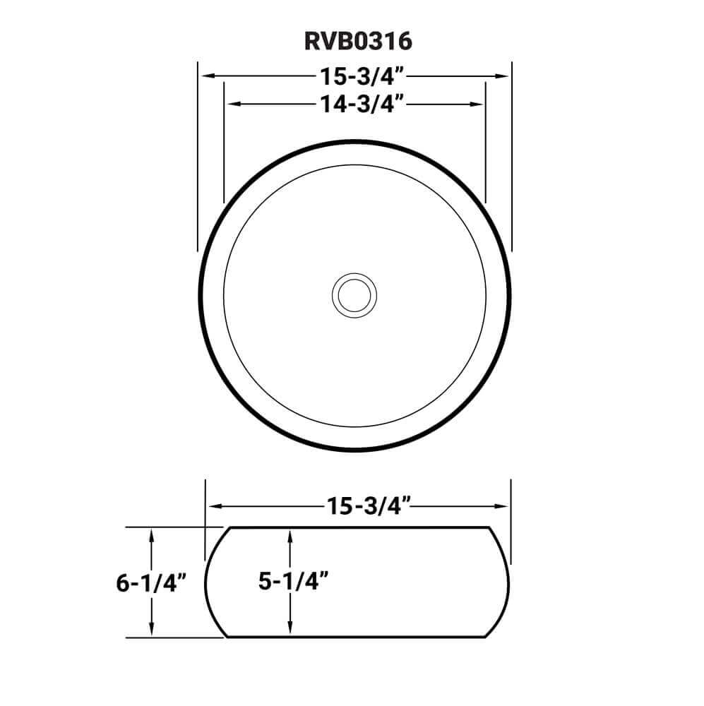 Dimensions Image for Ruvati Vista 16" Round Vessel Porcelain Above Counter Bathroom Sink, White, RVB0316
