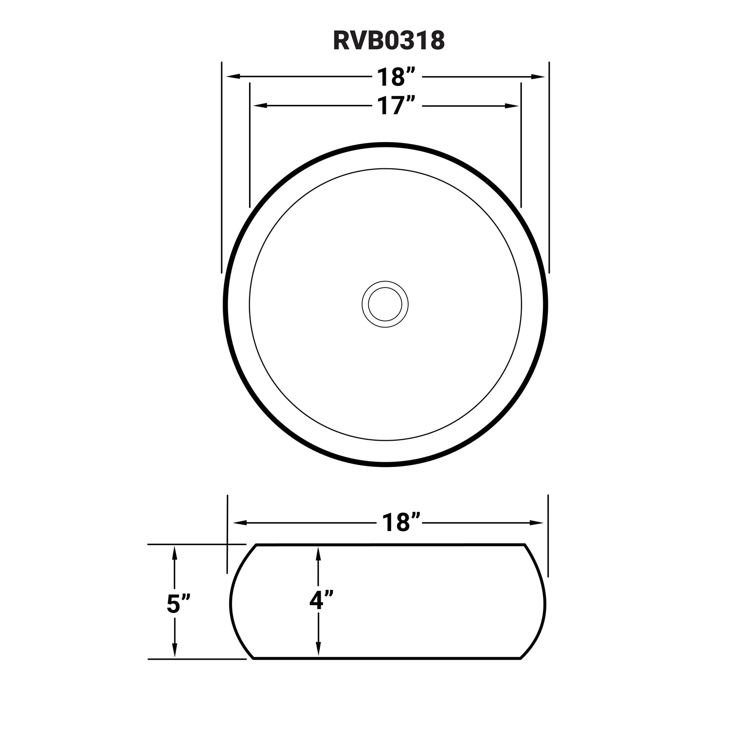 Dimensions Image for Ruvati Vista 18" Round Vessel Porcelain Above Vanity Counter Bathroom Sink, White, RVB0318