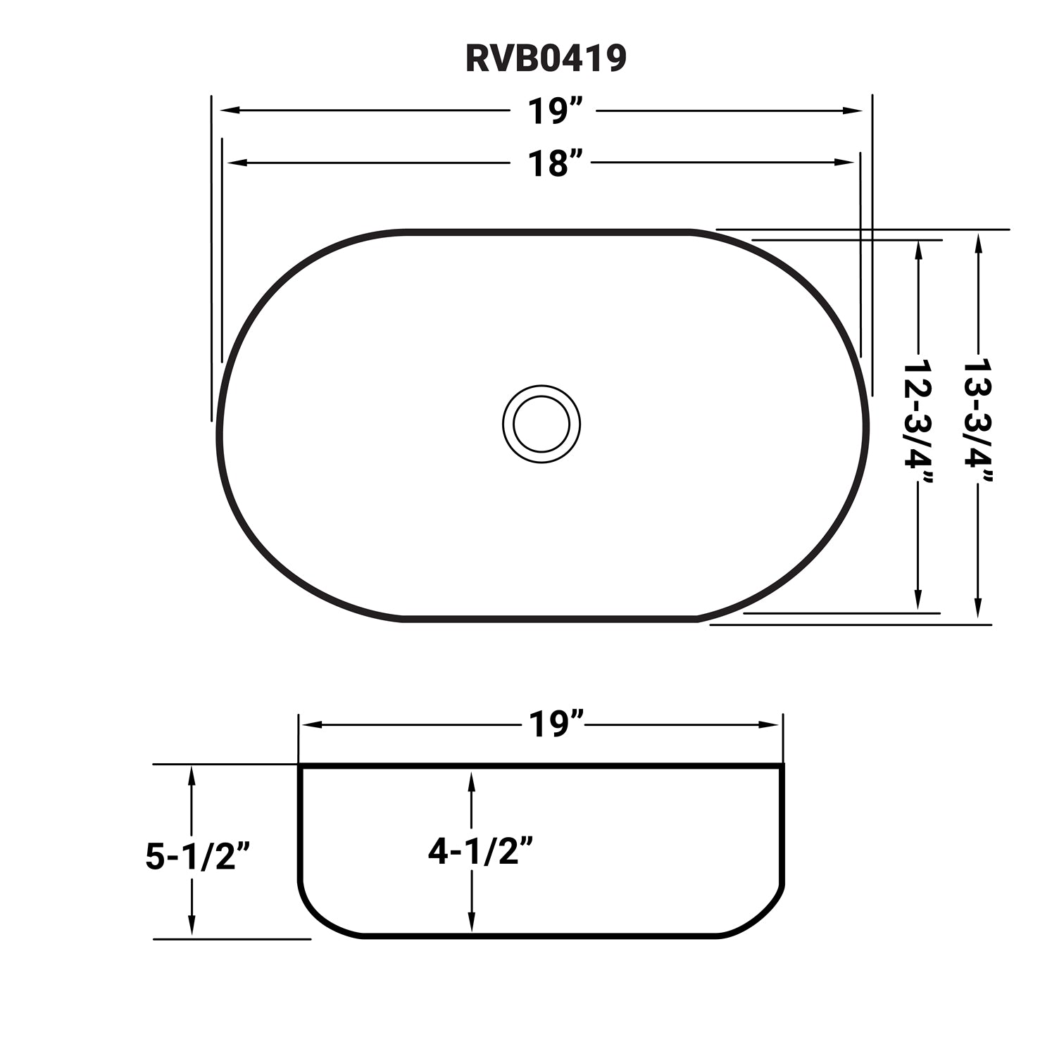 Dimensions Image for Ruvati Vista 19" Oval Vessel Porcelain Above Counter Bathroom Sink, White, RVB0419