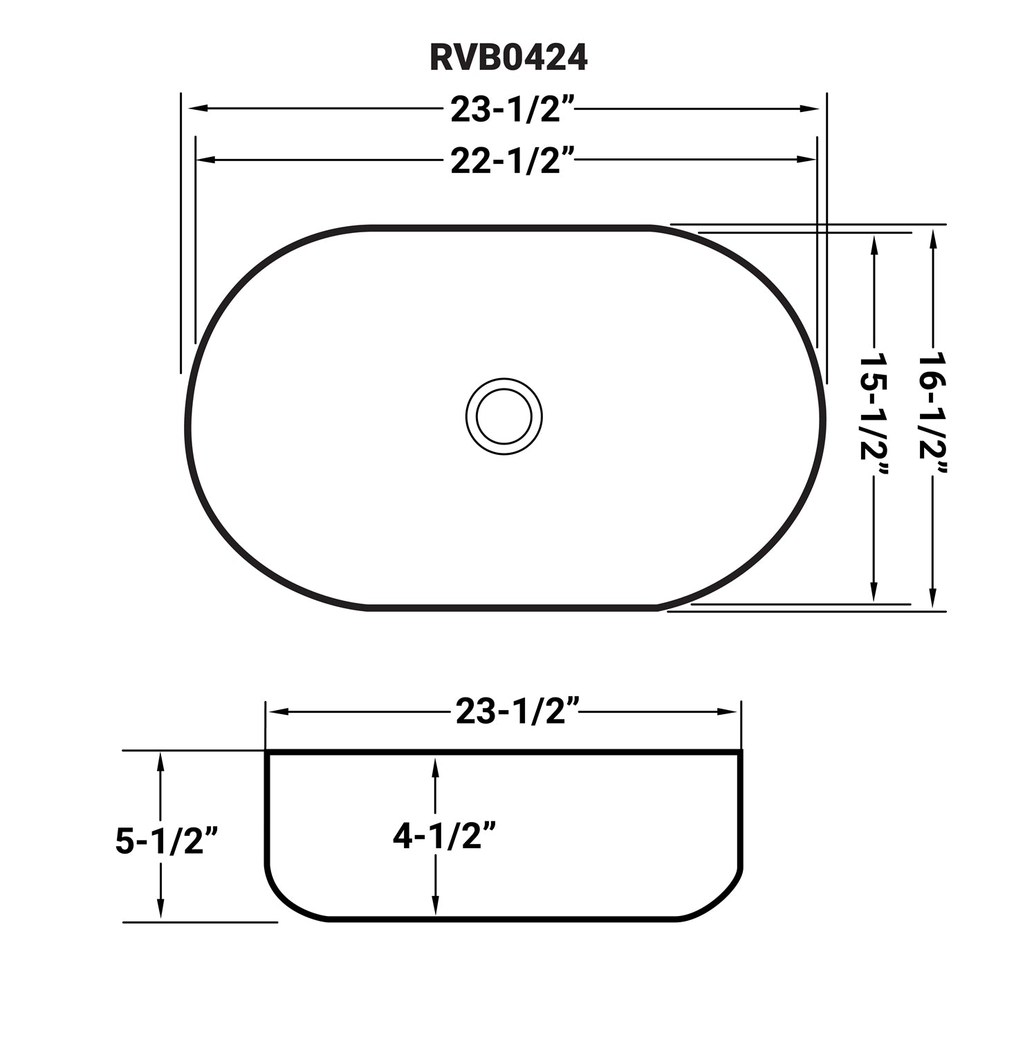 Dimensions Image for Ruvati Vista 24" Oval Vessel Porcelain Above Vanity Counter Bathroom Sink, White, RVB0424