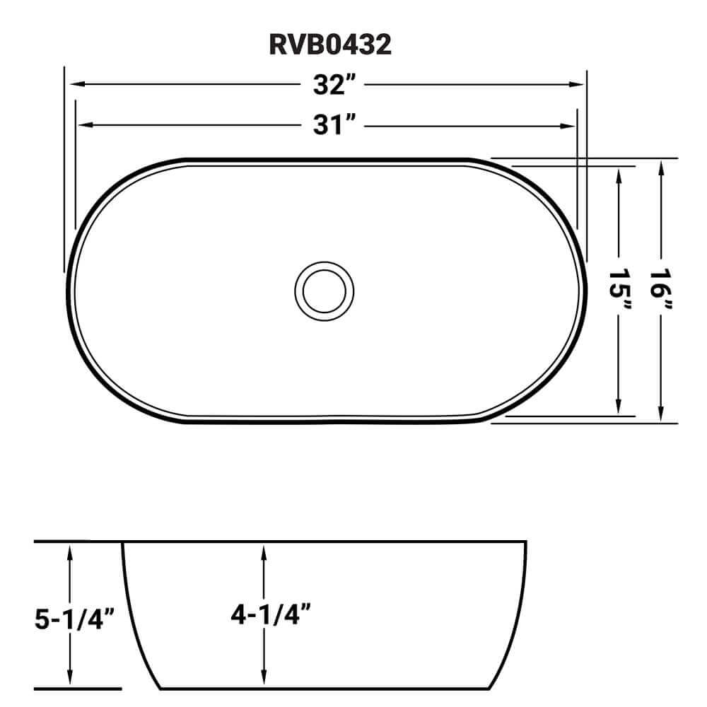 Dimensions Image for Ruvati Vista 32" Oval Vessel Porcelain Above Counter Bathroom Sink, White, RVB0432