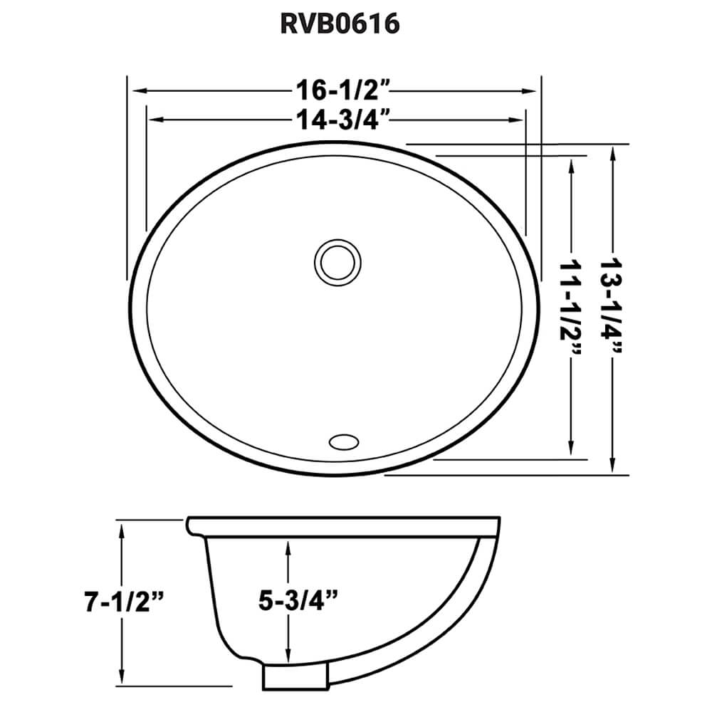 Dimensions Image for Ruvati Krona 17" Oval Undermount Porcelain Bathroom Vanity Sink with Overflow, White, RVB0616