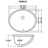 Dimensions for Ruvati Krona 17" Oval Undermount Porcelain Bathroom Vanity Sink with Overflow, White, RVB0616