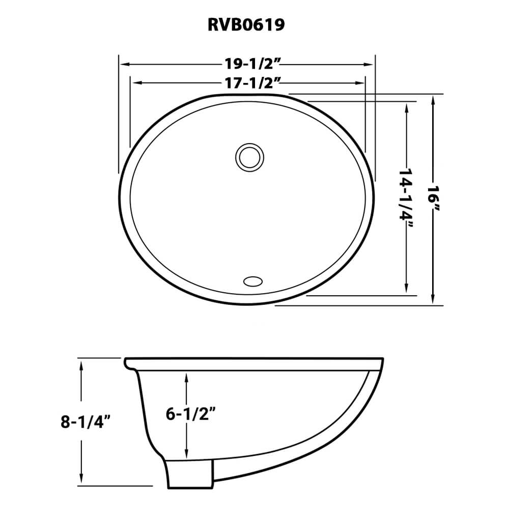 Dimensions Image for Ruvati Krona 20" Oval Undermount Porcelain Bathroom Vanity Sink with Overflow, White, RVB0619