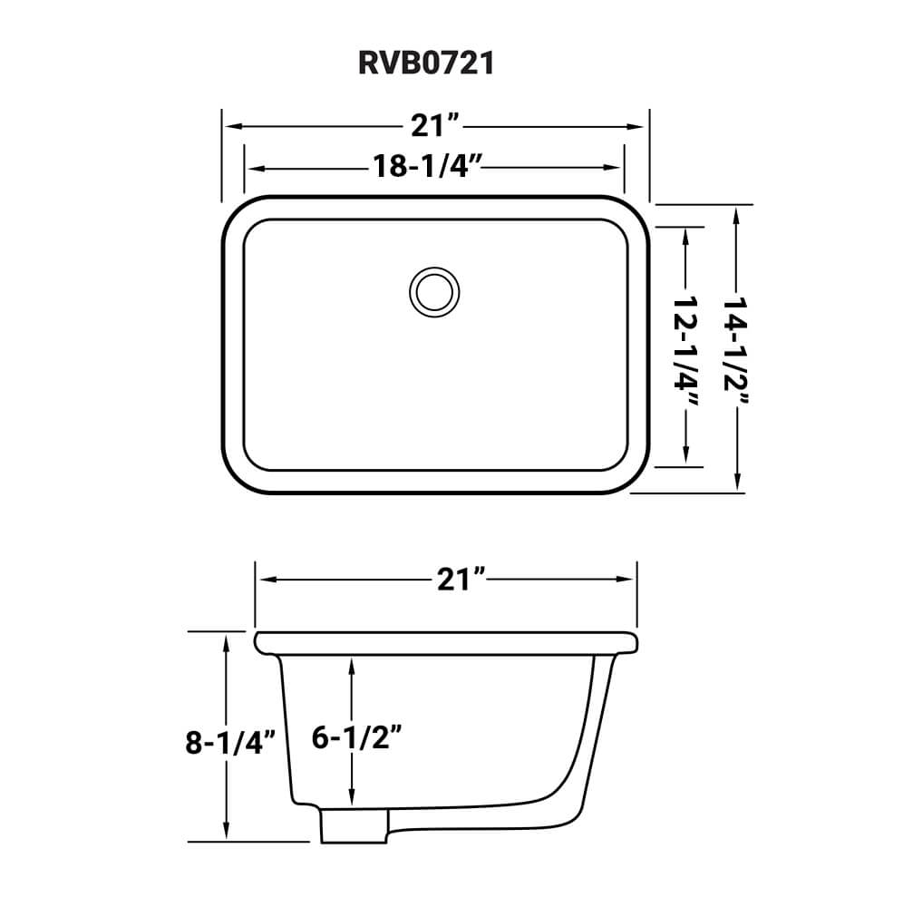 Dimensions Image for Ruvati Krona 21" Rectangle Undermount Porcelain Bathroom Vanity Sink with Overflow, White, RVB0721