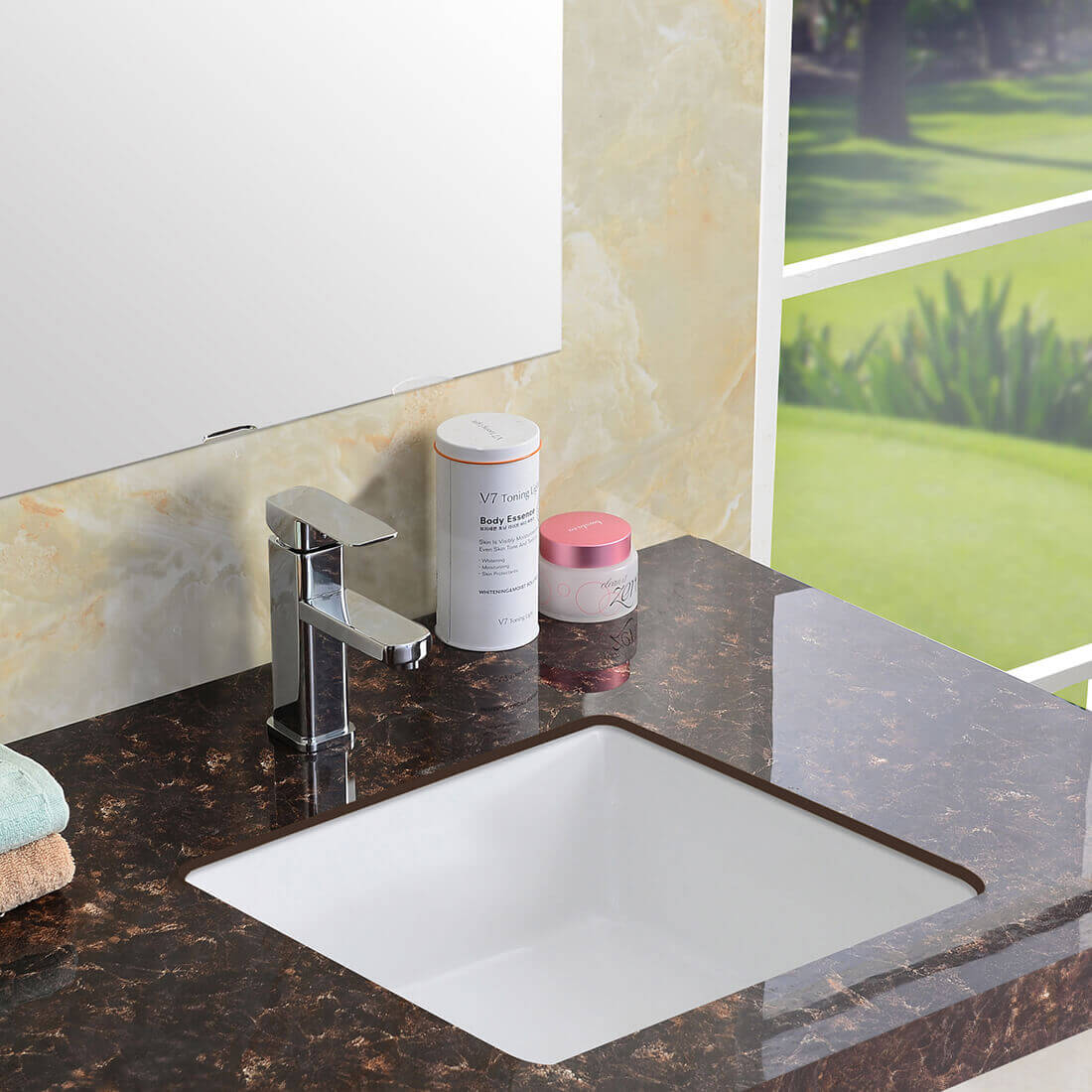 Ruvati Krona 14" Square Undermount Porcelain Bathroom Sink, White, RVB0742