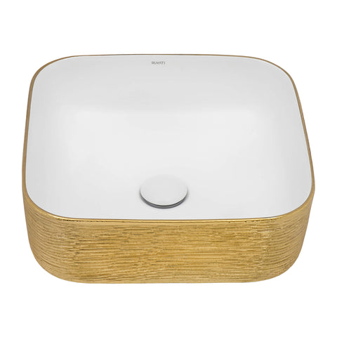 Main Image of Ruvati Pietra 15" Decorative Rectangle Vessel Porcelain Above Vanity Counter Bathroom Sink, Gold / White, RVB1414WG
