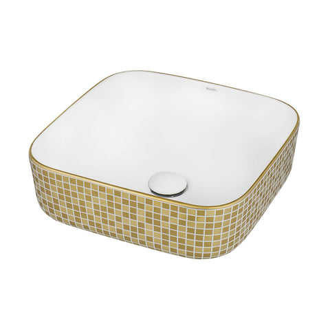 Main Image of Ruvati Pietra 15" Decorative Rectangle Vessel Porcelain Above Vanity Counter Bathroom Sink, Gold / White, RVB1515WG4