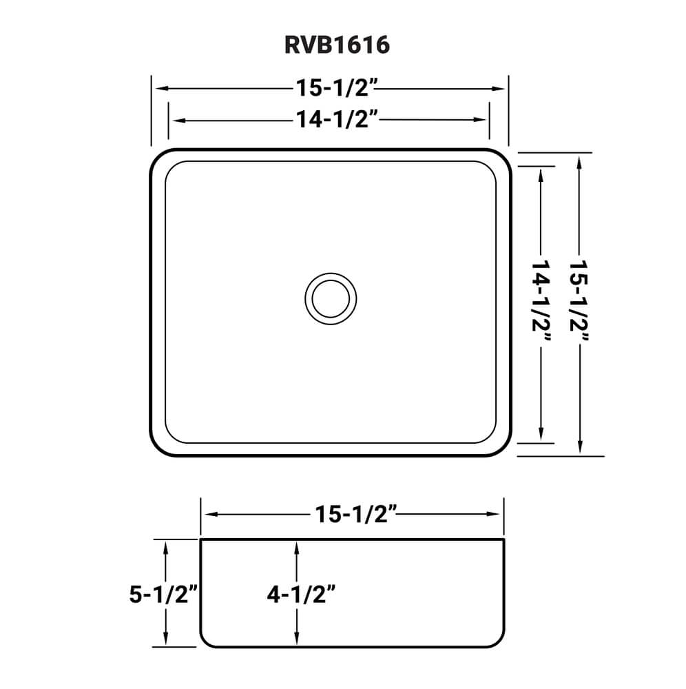 Dimensions Image for Ruvati Vista 16" Square Vessel Porcelain Above Counter Bathroom Sink, White, RVB1616