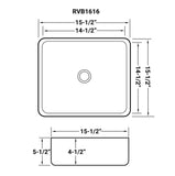 Dimensions for Ruvati Vista 16" Square Vessel Porcelain Above Counter Bathroom Sink, White, RVB1616