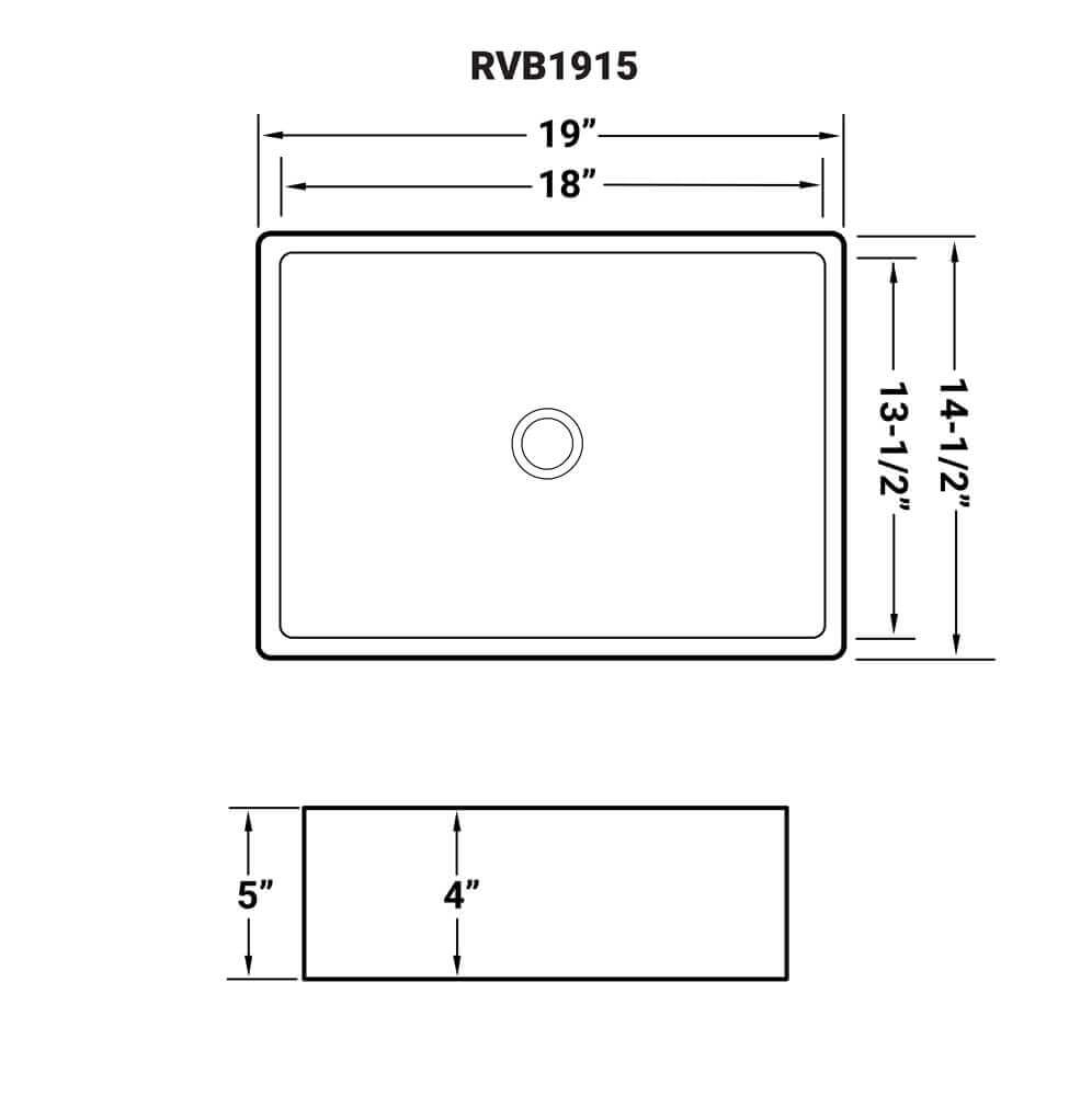 Dimensions Image for Ruvati Vista 19" Rectangle Vessel Porcelain Above Vanity Counter Bathroom Sink, White, RVB1915