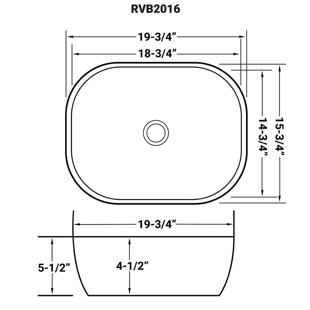 Dimensions Image for Ruvati Pietra 20" Decorative Rectangle Vessel Porcelain Above Vanity Counter Bathroom Sink, Silver / White, RVB2016WS