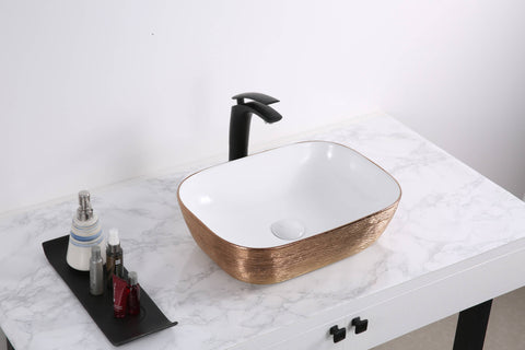 Main Image of Ruvati Pietra 20" Decorative Rectangle Vessel Porcelain Above Vanity Counter Bathroom Sink, Rose Gold / White, RVB2016WR