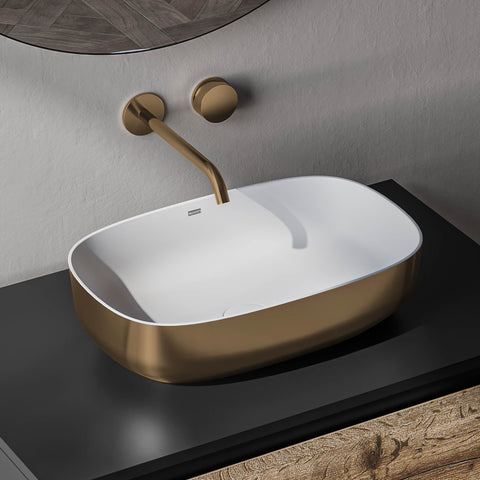 Main Image of Ruvati Sinatra 19-inch Matte Gold and White Bathroom Vessel Sink epiStone Solid Surface, RVB2113GW