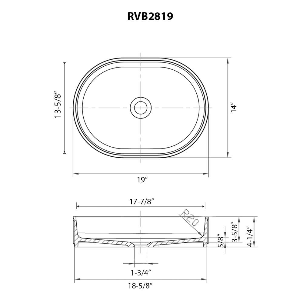 Dimensions Image for Ruvati Cordona 19 x 14 inch Fluted Vessel Bathroom Sink epiStone Solid Surface Modern Oval Matte White, RVB2819WH