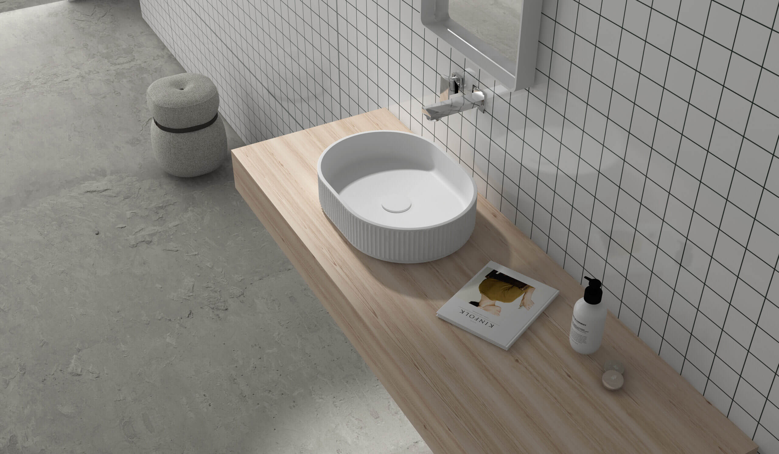 Alternative View of Ruvati Cordona 19 x 14 inch Fluted Vessel Bathroom Sink epiStone Solid Surface Modern Oval Matte White, RVB2819WH