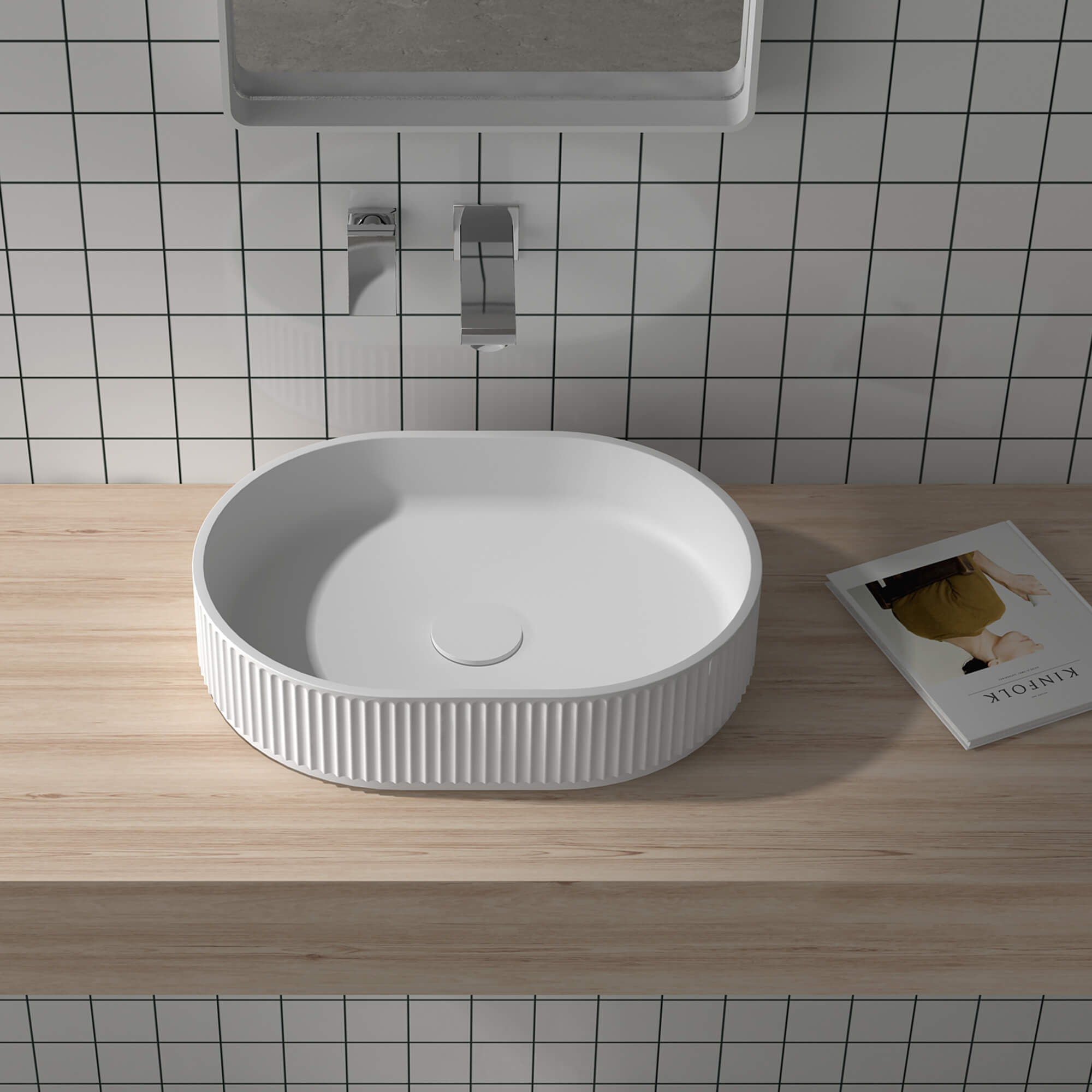 Main Image of Ruvati Cordona 19 x 14 inch Fluted Vessel Bathroom Sink epiStone Solid Surface Modern Oval Matte White, RVB2819WH