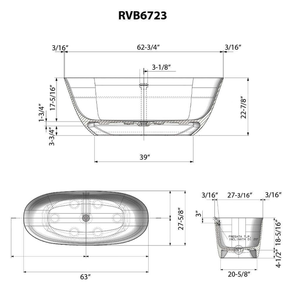 Dimensions Image for Ruvati 63-inch Matte Gold and White epiStone Solid Surface Freestanding Bath Tub Sinatra, RVB6723GW