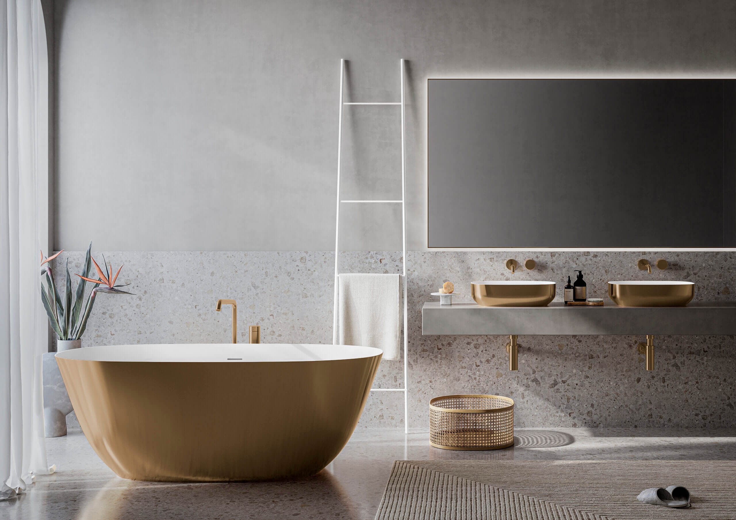 Alternative View of Ruvati 63-inch Matte Gold and White epiStone Solid Surface Freestanding Bath Tub Sinatra, RVB6723GW