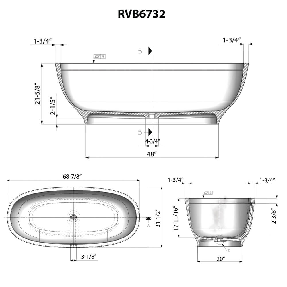 Dimensions Image for Ruvati 69-inch White epiStone Solid Surface Oval Freestanding Bath Tub Viola, RVB6732WH