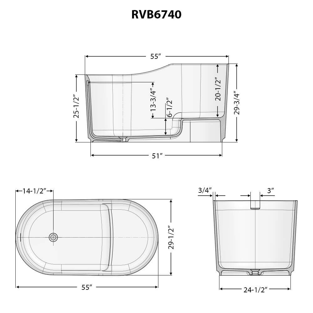 Ruvati Omnia 55" Solid Surface Freestanding Bathtub, Matte Black, RVB6740BK Product Image