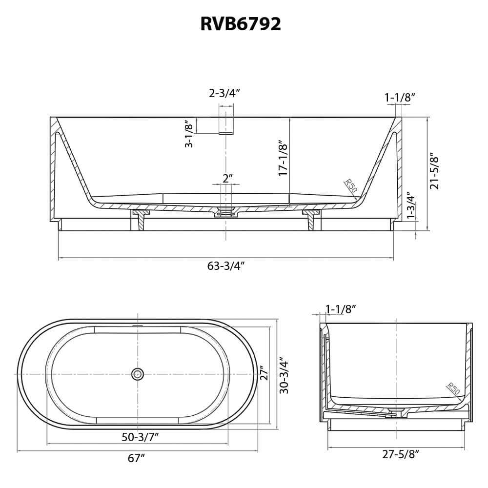 Dimensions Image for Ruvati Cordona 67-inch Fluted Freestanding Soaking Bathtub epiStone Solid Surface Modern Matte White, RVB6792WH