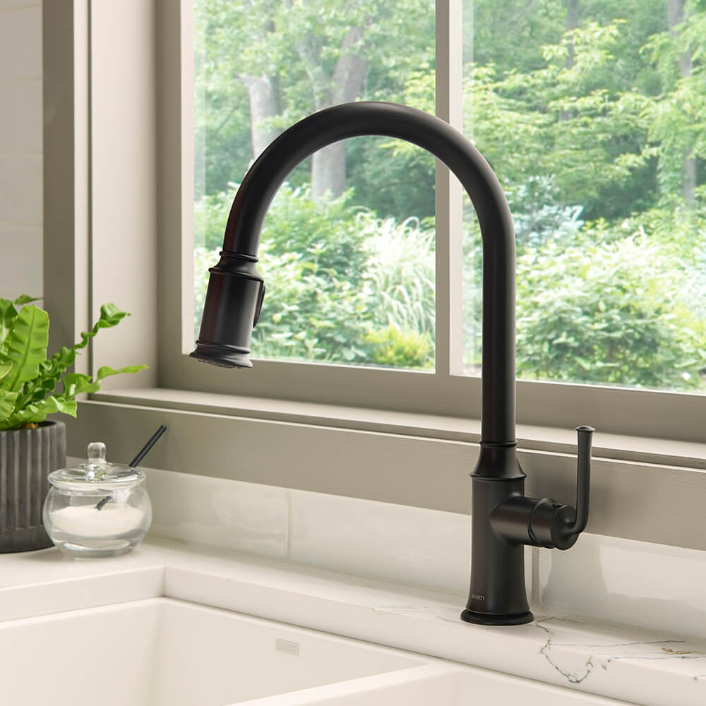 Ruvati Simoni Pull Down Gooseneck Kitchen Faucet, Matte Black, Single Lever, RVF1234MB
