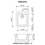 Dimensions for Ruvati epiGranite 16" Drop-in Topmount Granite Composite Bar/Prep Sink, Midnight Black, RVG1016BK