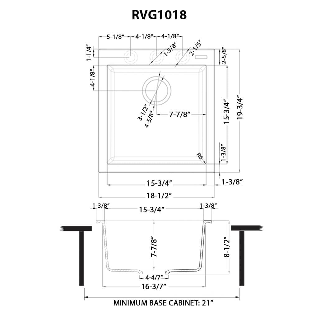 Dimensions Image for Ruvati 18 x 20 inch epiGranite Drop-in Topmount Granite Composite Single Bowl Wet Bar Prep Sink, Arctic White, RVG1018WH