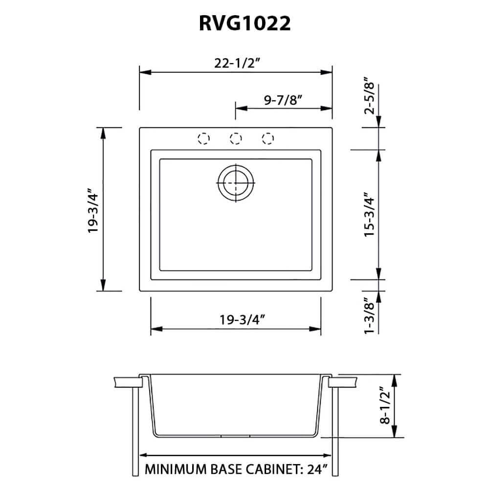 Dimensions Image for Ruvati epiGranite 22" Drop-in Topmount Granite Composite Bar/Prep Sink, Arctic White, RVG1022WH