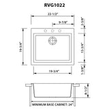 Dimensions for Ruvati epiGranite 22" Drop-in Topmount Granite Composite Bar/Prep Sink, Midnight Black, RVG1022BK