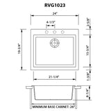 Dimensions for Ruvati epiGranite 24" Drop-in Topmount Granite Composite Kitchen Sink, Midnight Black, RVG1023BK