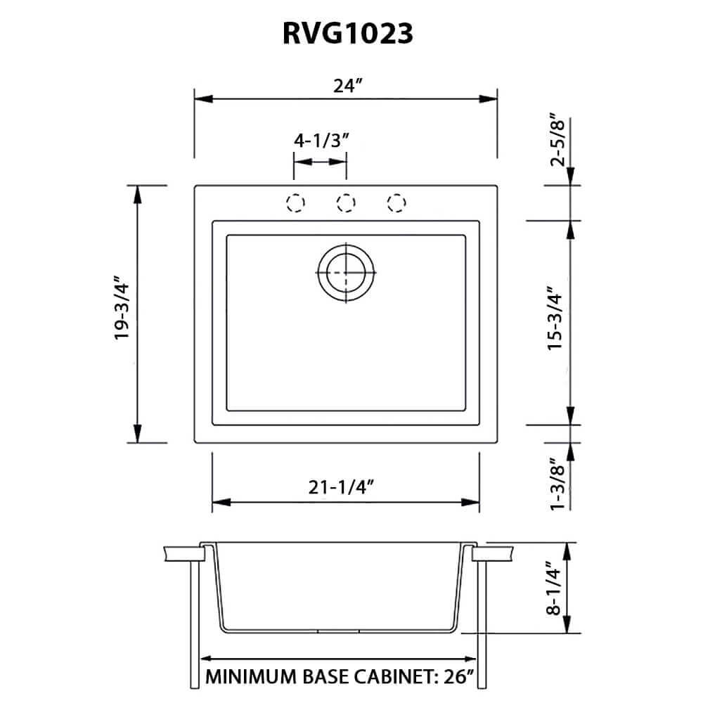 Dimensions Image for Ruvati epiGranite 24" Drop-in Topmount Granite Composite Kitchen Sink, Midnight Black, RVG1023BK