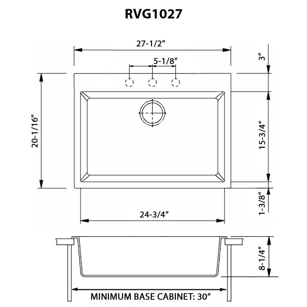 Dimensions Image for Ruvati 27" Drop-in Topmount Granite Composite Kitchen Sink, Midnight Black, RVG1027BK